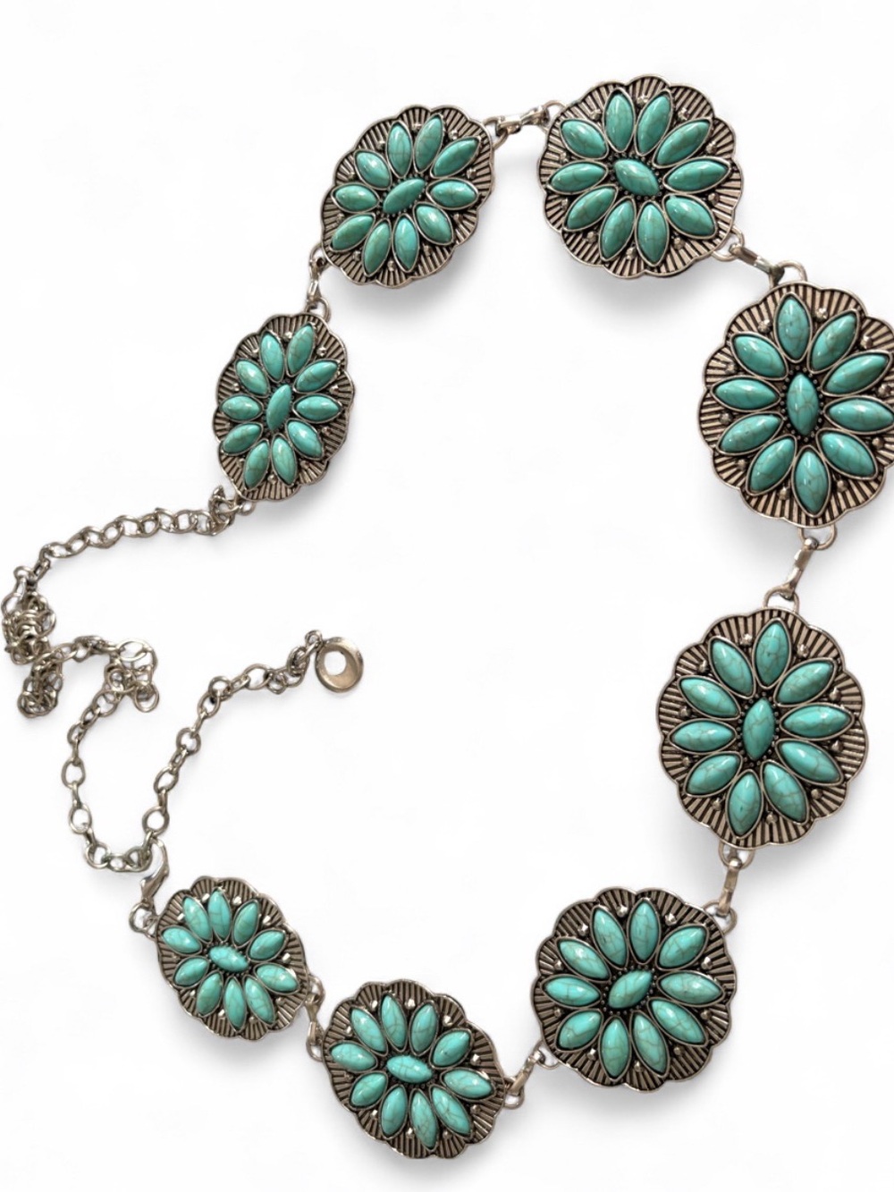 Western Turquoise Silver-Tone Flower Concho Chain Belt – Adjustable Waist Boho